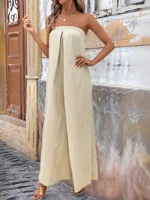 SHEIN Clasi Women's Elegant Strapless Off-Shoulder Elasticated Solid Color Linen-Feel Comfy Wide-Leg Jumpsuit, Resort Wear Linen Pants Concert Outfit Women Rave Outfits Festival Boho Women Clothing Summer Clothes Women Jumpsuit For Women Western Wear Women Beach Rompers For Women Vacation Outfits Women Summer Outfits For Women Boho Fairycore Boho Bodysuits For Women Vacation Outfits Woman Beach Vacation - Apricot - View 6