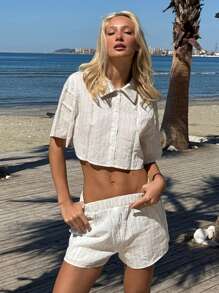 SHEIN EZwear 2 Pieces Apricot Striped Short Sleeve Shirt And Shorts Set, Minimalist Fashion, Suitable For Summer - Khaki - View 4