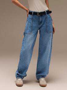 SHEIN Forever 21 Light Wash Jeans Women Jeans Business Casual Women Wide Leg Pants Work Women Clothes Baggy Pants Cargo Pants Airport Women Outfits Blue Jeans Cargo Jeans - Blue - View 5