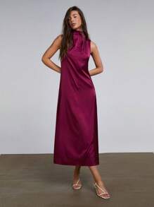 Athîral Women's Solid Color Stand Collar Pleated Sleeveless Dress, Elegant - Burgundy - View 5