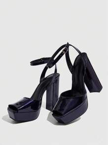 CUCCOO LuxiPop Women's Square Toe Thick Platform Chunky Heel Sandals, Fashionable Minimalist High Heels For Nightclub, Party, Halloween, Christmas, New Year Outfit - Purple - View 3