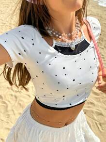 Jouncy Color Block Bowknot Printed 2 In 1 Short Sleeve Top, Casual Vacation Wear - Black and White - View 5