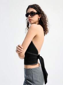 LYSMO 女式黑色露背性感牛仔短款上衣 - 黑色 - 查看 5