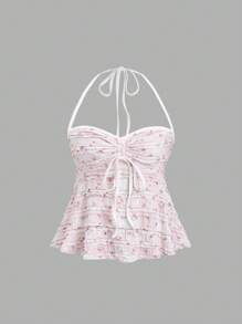 Sweetra Spring/Summer Sweet Ditsy Floral Layered Ruffled Halter Drawstring Knitted Camisole Sexy Tank Top For Women - Multicolor - View 1