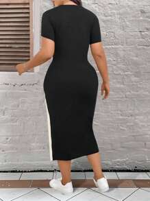 Calvaya Plus Size Colorblock Round Neck Short Sleeve Split Hem Fitted Dress Maxi Women Outfit Bodycon Long Dresslong Bodycon Dressslit Dressdress With Slitwomen Dresses Blue - Multicolor - View 2