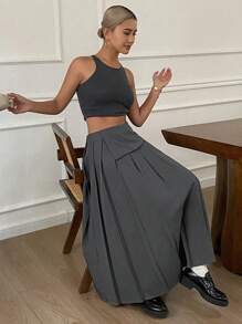 DAZY 纯色中长款百褶休闲夏季女裙 - 灰色 - 查看 5