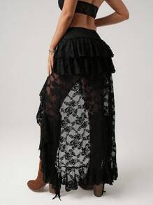 SHEIN ICON 嬉皮牛仔90年代超低腰蕾丝分层迷你前长后长裙