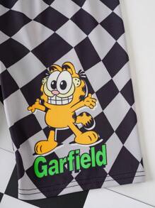 GARFIELD | SHEIN Tween Girl Cartoon Cat Print Knitted Loose Fit T-Shirt And Checkered Leggings 2 Pieces Set - Black - View 7