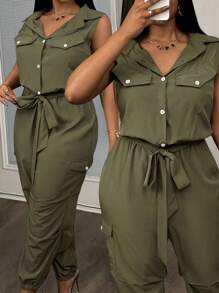 Slaydiva Elegant Commuting Fitted Solid Military Green Sleeveless Shirt Collar Half Open Front Utility Pockets Woven Lightweight, Plus Size Women Long Jumpsuit-Z