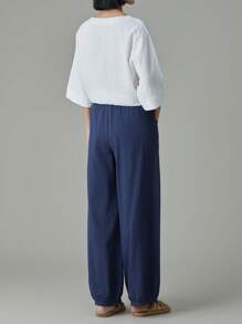 EMERY ROSE 2 Stücke Frauen Einfarbig V-ausschnitt 3/4 Ärmel Einreiher Hemd Und Hose Set 100 Baumwolle Sets Für Frauen Sommer Passenden Sets Frauen