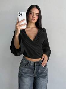 Aloruh 女士新款纯色浪漫性感宽松 V 领蝴蝶结后背镂空短款衬衫 - 黑色 - 查看 7