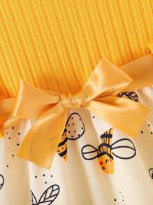 SHEIN Playful Pals 女宝宝夏季新款罗纹心形印花简约可爱无袖连衣裙 - 黃色 - 查看 5