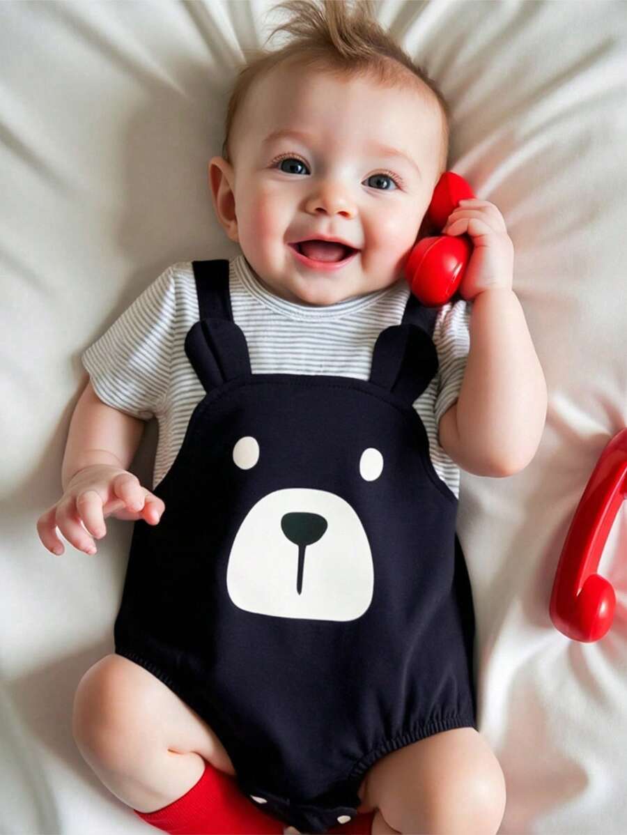 SHEIN Tutina casual sportiva e carina per bambini e bambine, in maglia larga a righe e patchwork, adatta per primavera ed estate, da indossare dentro e fuori casa