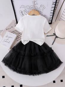 SHEIN 2pcs/Set Young Girl Cute White Vertical Striped Crew Neck Bowknot Decor Short Sleeve Top & Black Mesh Skirt, Preppy Style, Spring/Summer