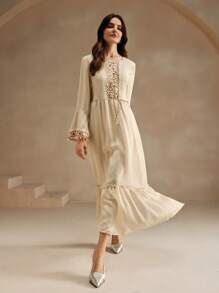 Anewsta Elegant Embroidery & Beaded Decor A-Line Dress For Women Maxi Women Outfit - Apricot - View 7