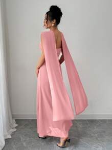 Rafferiza 优雅露肩修身花卉拼布雪纺夏季连衣裙，配腰带，性感 - 粉色 - 查看 2