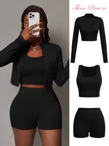 Slaydiva Set de 3 piezas: Top de manga larga ajustado con cremallera media, top corto sin mangas y shorts deportivos casuales de verano para mujer