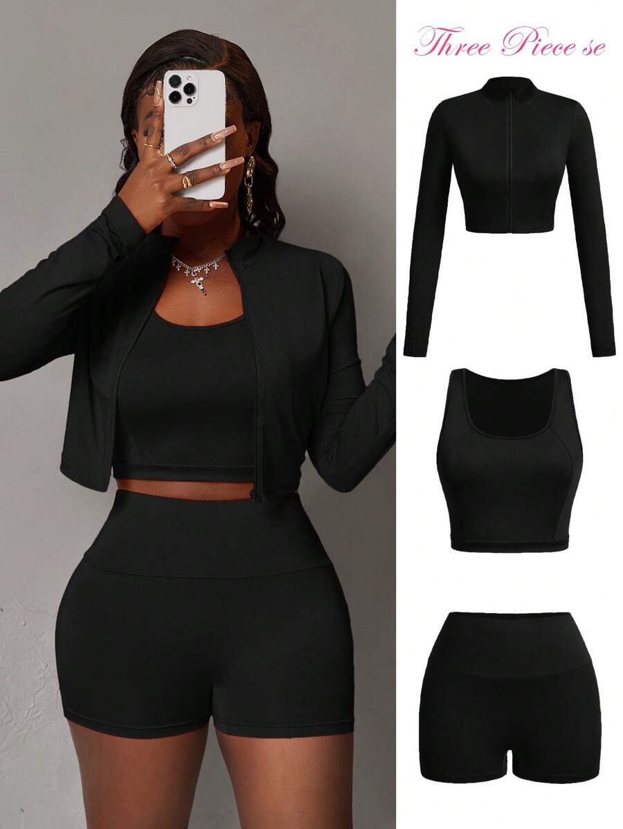 Slaydiva Bộ 3 áo thun dài tay cổ tròn co giãn thoải mái mùa hè cho nữ, áo ba lỗ không tay, quần short thể thao - màu đen - Xem 1