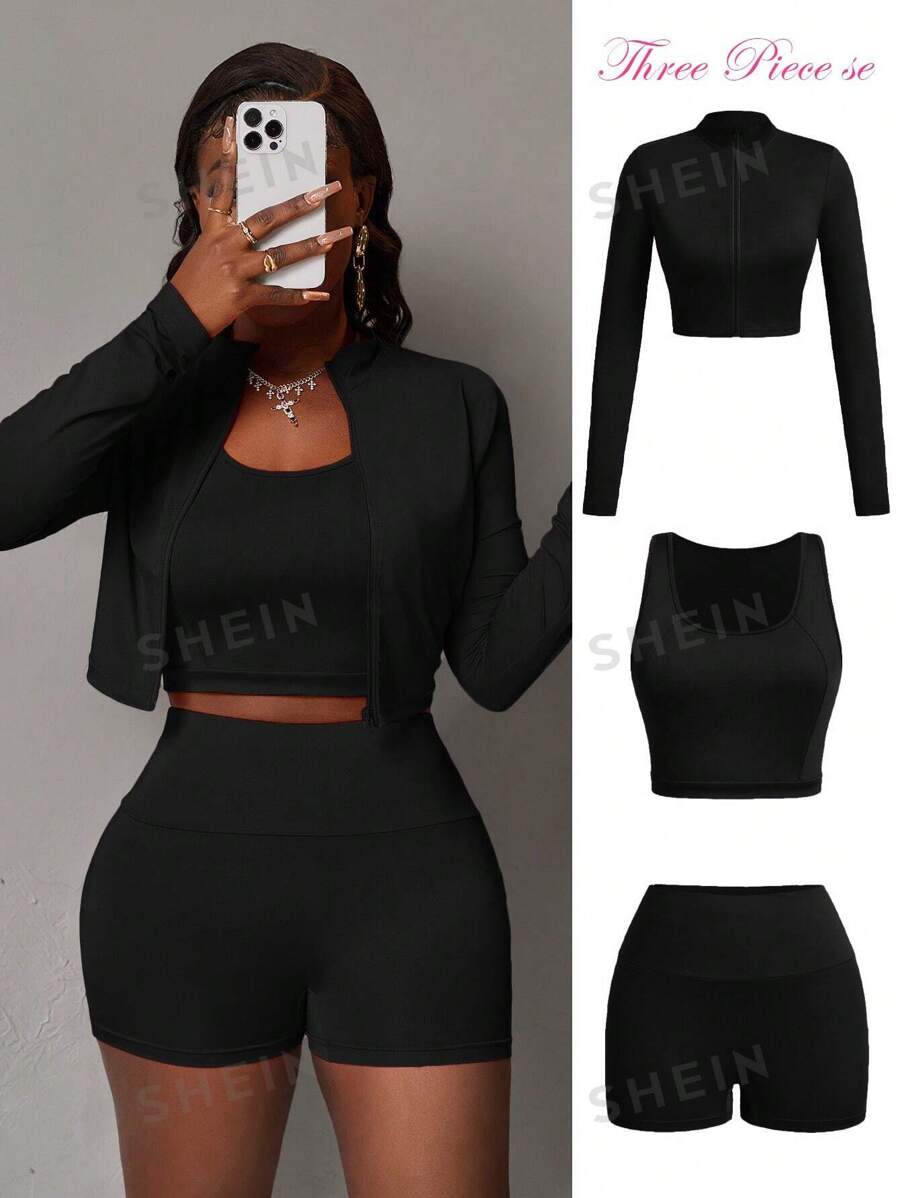 Slaydiva Set de 3 piezas: Top de manga larga ajustado con cremallera media, top corto sin mangas y shorts deportivos casuales de verano para mujer