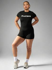 MISSGUIDED PLUS x Playboy Body short grande taille pour le sport, Unitard, justaucorps court à manches courtes pour l'entraînement, l'exercice, la fitness, la danse, la gymnastique, le cyclisme. Combinaison compressée et élastique en 1 pièce seul morceau.