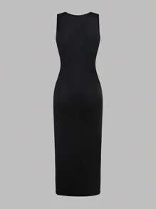 SHEIN ChillGRL 2 件套少女休闲优雅黑白针织中长连衣裙 + 宽松网眼罩衫套装，通勤和校园时尚，甜美朋克女孩街头风格 - 黑與白 - 查看 9