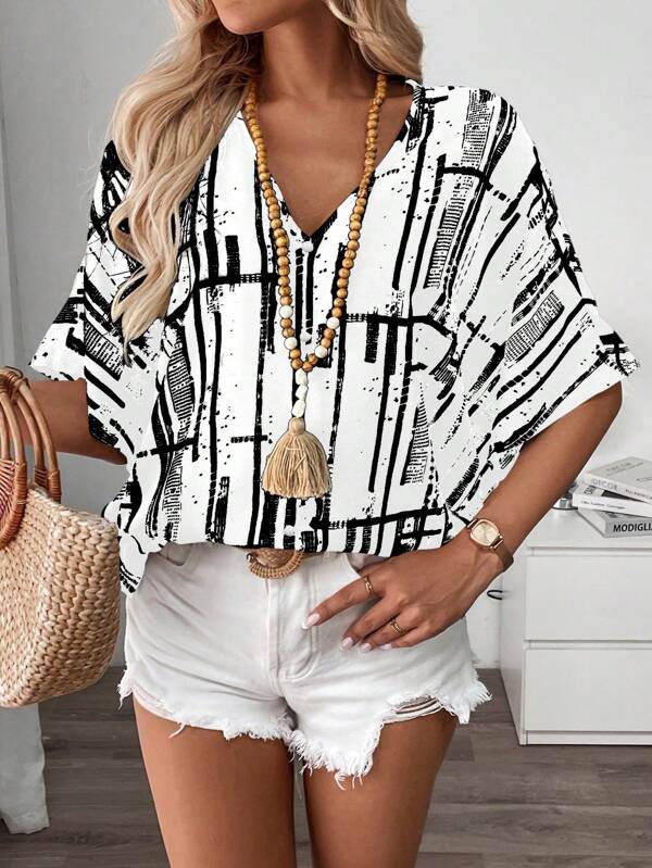 Breezaya Women's Striped V-Neck Batwing Short Sleeve Casual Loose Shirt