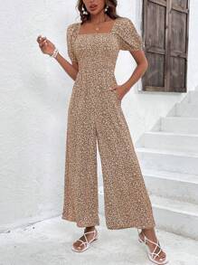 SHEIN Clasi Bộ đồ liền thân ống rộng tay bồng họa tiết hoa nhỏ xinh dành cho nữ, trang phục thường ngày - màu nâu - Xem 6