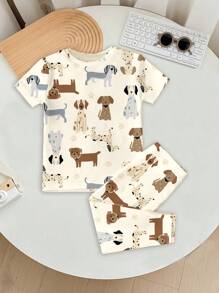 SHEIN Dogs, Young Boy Cartoon Pattern Short Sleeve T-Shirt & Pants Homewear Set, Snug Fit, Suitable For Spring/Summer - Multicolor - View 1