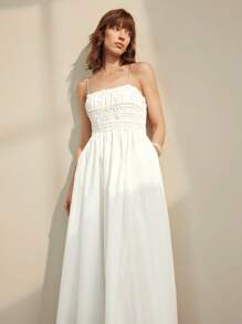 Ontre 2025 年新款音乐节、音乐会、乡村音乐节女士连衣裙，白色细肩带无袖连衣裙，飘逸，松紧腰身，度假风格 - 白色 - 查看 4