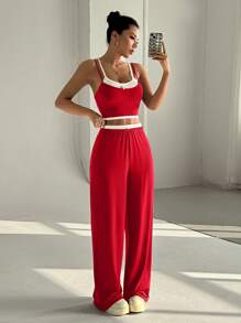 SHEIN Unity American Casual Sports 2 Pieces Set, Gray Paneled Tank Top And Mid-Waist Long Pants With Floral Decor, For Women Summer - Red - View 5