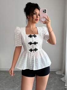 Elenzga Blusa de verano con mangas cortas, cuello en V, textura semitransparente, estilo abotonado en la cintura y silueta en línea "A", elegante y delicada, de algodón