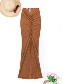 Swim Chiccia Bộ váy maxi xẻ tà xếp nếp màu trơn cho nữ - màu nâu - Xem 3