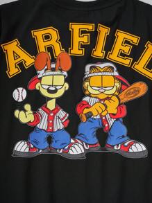 GARFIELD | SHEIN 青少年男孩美国卡通运动图案宽松针织圆领 T 恤 - 黑色 - 查看 5