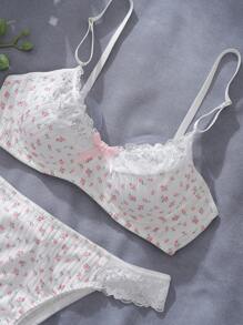 Dream Adore Set de 2 piezas de lencería para mujer con soportes de alambre, taza 3/4, encaje floral romántico y parches con lazo decorativo