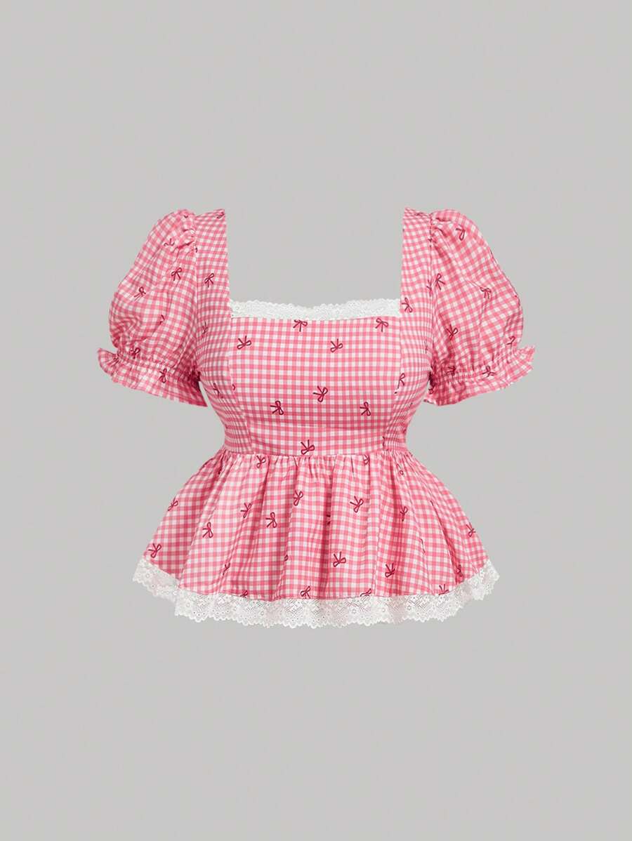 SHEIN MOD Women Plus Size Puff Sleeve A-Line Blouse, Cute Vintage Country Style Top,Hawaii Women Outfits,Hawaii Women Outfits,Casual Women Outfits,Easter Shirt,Summer Blouse,Puff Sleeve Top,