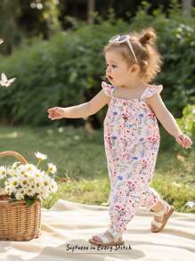 Cozy Pixies Baby Girl Ditsy Floral Round Neck Cap Sleeve Drop Waist Jumpsuit - Purple - View 1