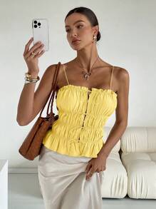 Siren Gaze Women Ruffle Hem Sleeveless Tank Top, Summer - Yellow - View 3