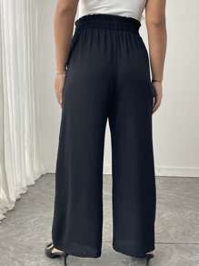 SHEIN Tall Pantalones rectos de pierna recta con textura y volantes en el borde, ideales para trabajo y transporte, en talla grande, color negro - Negro - Ver 2