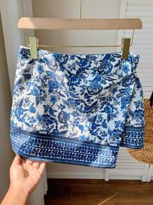 Comfortcana 女士花卉印花不对称下摆短裙，度假风格