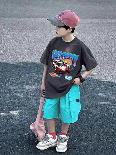 SHEIN Conjunto de 2 piezas para niño pequeño: Camiseta de manga corta con estampado de coche y pantalones cortos casuales cómodos y versátiles, adecuado para salidas, vuelta al colegio, reuniones diarias, fiestas, primavera/verano