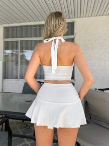 Sweetina 2pcs Set Sexy Hollow-Out Metal Decor Halter Crop Top & Drawstring Flared Skirt - White - View 2