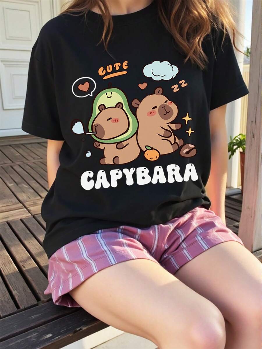 青少年女孩可爱水豚卡通印花圆领短袖黑色T恤 - 黑色 - 查看 1