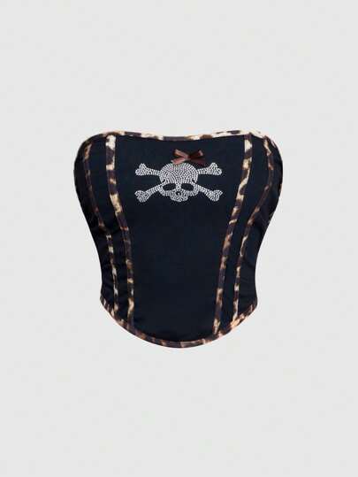 Grunge Punk Y2K Shibuya-Stil Totenkopf Muster Strass Leopard Muster Kontrastfarbener Rand Frauen-Tube Top