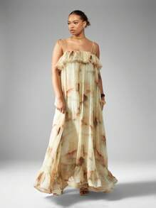 MISSGUIDED PLUS 水彩碎花Georgette Maxi连衣裙荷叶边领口无袖夏季婚礼宾客海滩度假优雅加大码雪纺礼服 - 彩色 - 查看 1