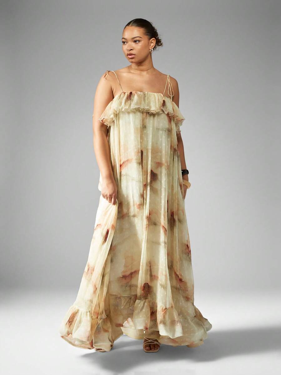 MISSGUIDED PLUS 水彩碎花Georgette Maxi连衣裙荷叶边领口无袖夏季婚礼宾客海滩度假优雅加大码雪纺礼服 - 彩色 - 查看 1