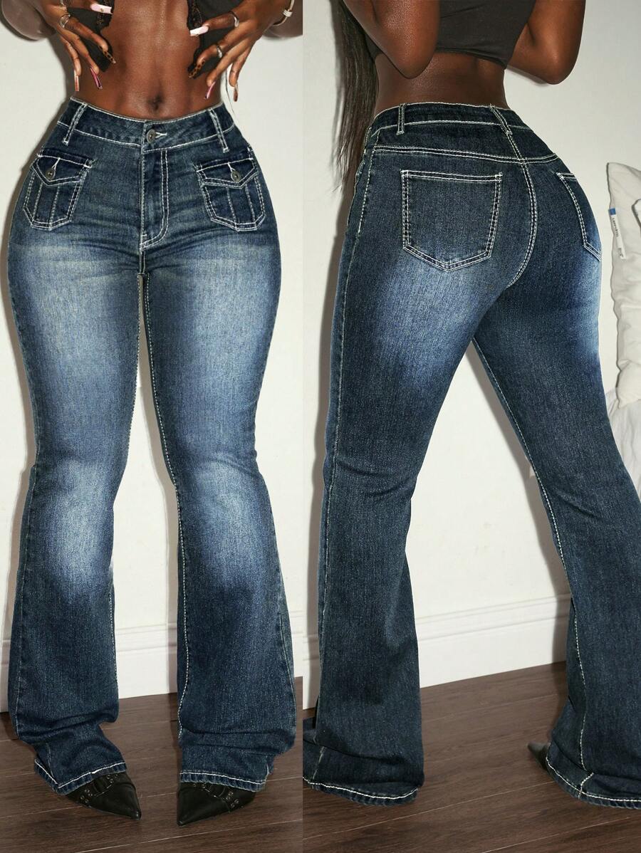 Slaydiva Quần Jeans Ống Loe Túi Đơn Giản Đa Năng Cho Nữ - Rửa tối - Xem 1