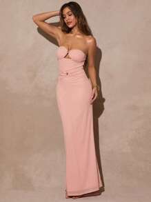 Silquee Vestido de sirena maxi strapless de unicolor elegante y calado para mujer - Rosa - Ver 3