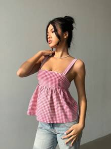 Aloruh 夏季女士性感格子蝴蝶结后背吊带背心 - 粉色 - 查看 3