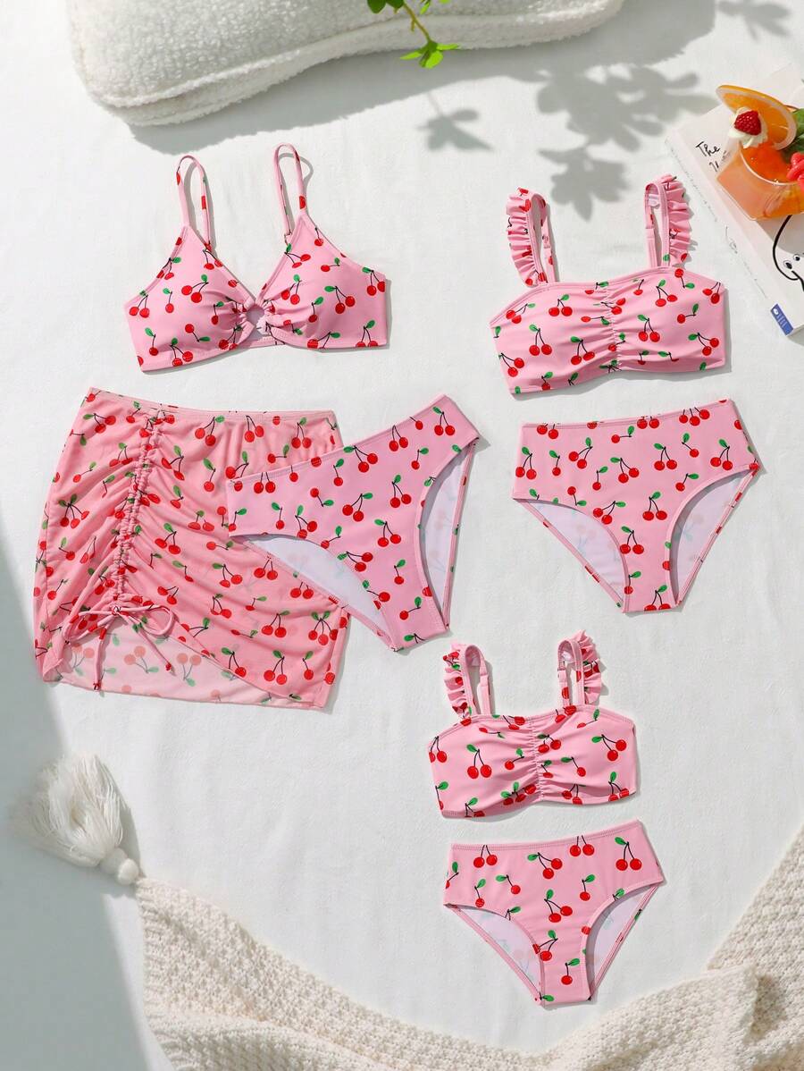 Women Pink Casual Elegant Cherry Blossom Print Swimsuit Set, Random Print Pattern For Summer Beach Vacation - Pink - View 1
