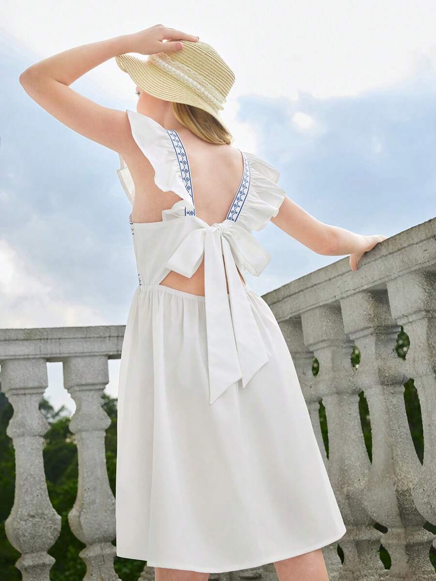 SHEIN Tween Girls Sleeveless Backless Minimalist Fashion Summer Dress - White - View 1